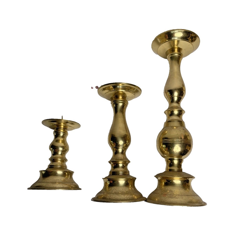 Vintage Brass Graduated Candlestick Holders Set of 3 Taper Mid Century Decor - Picture 9 of 9